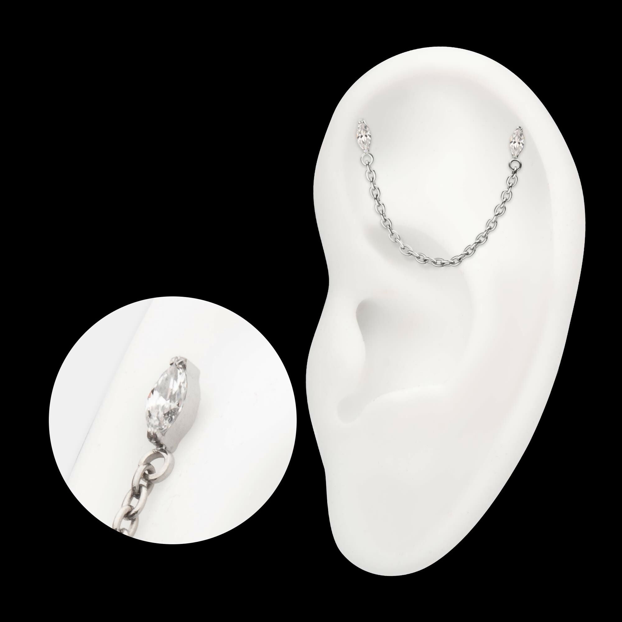 Titanium Threadless Double Prong Set Marquise Gem Top with Rolo Chain Dangle