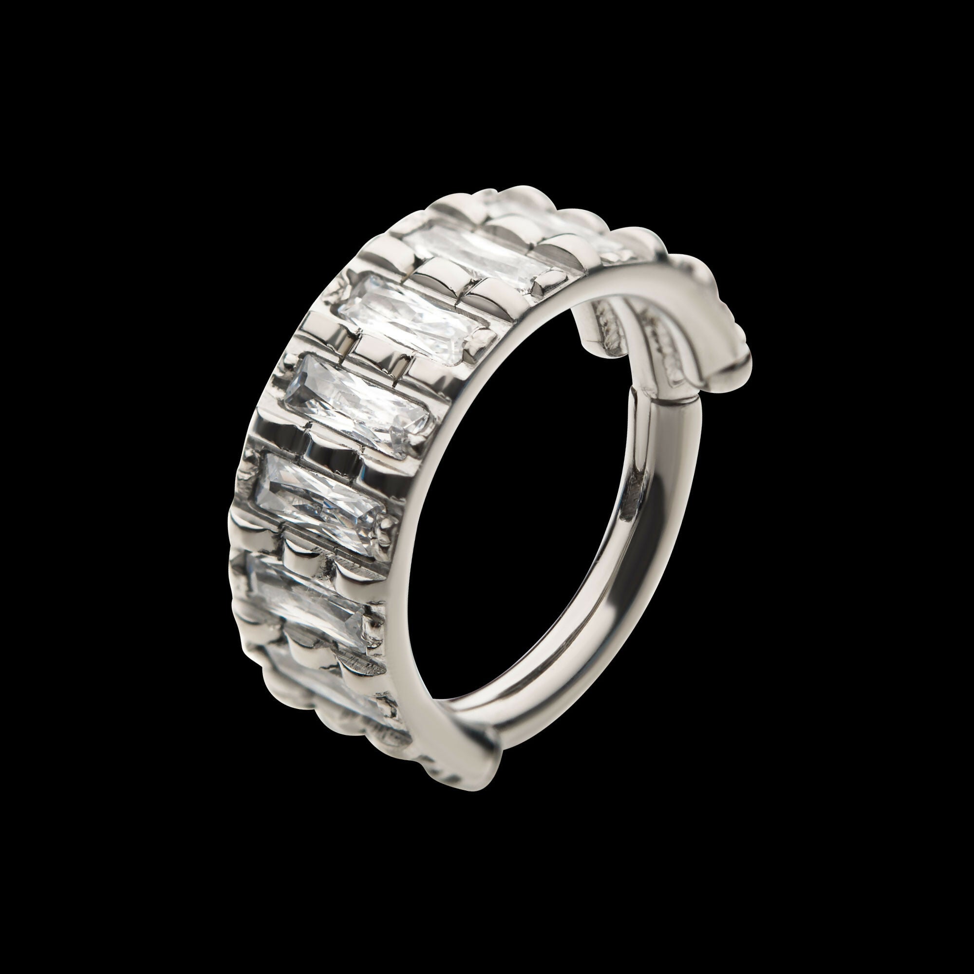 Step Cut Multi Clear CZ Side Facing Hinged Segment Clicker Hoop Earring / Nosering – Titanium