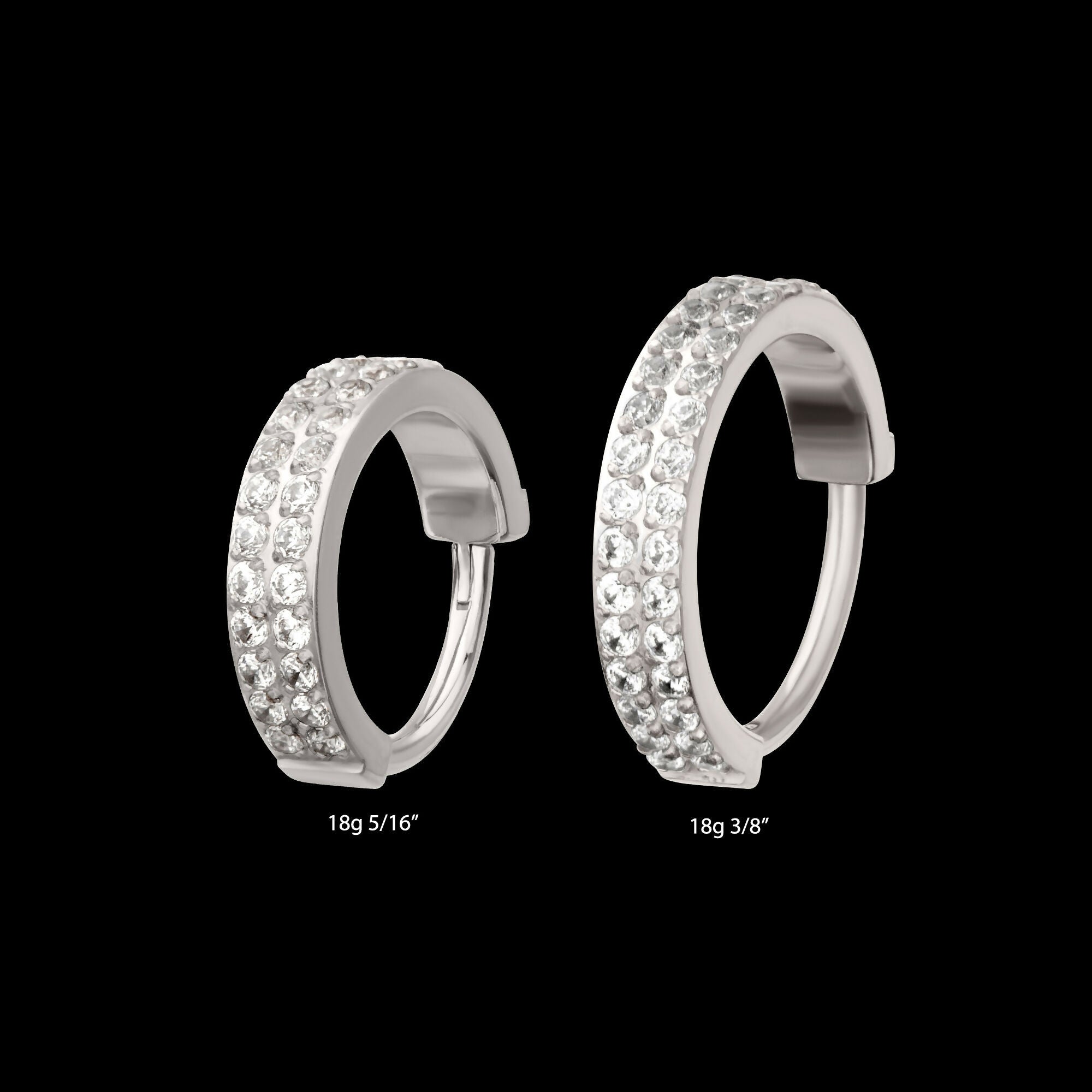 Platinum PVD Titanium Double Row 1mm Prong Set Gem Side Facing Huggie Hinged Segment Clicker Hoop Earring / Nosering