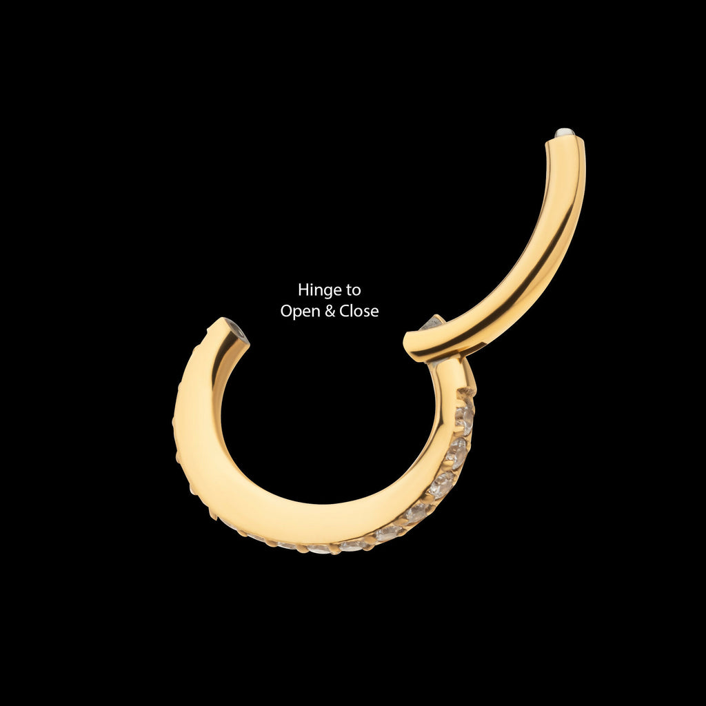 16g 24Kt Gold PVD Titanium Oval Shape with CNC Set Full Clear CZ Hinged Segment Clicker (for Rook Piercing) Hoop Earring / Nosering