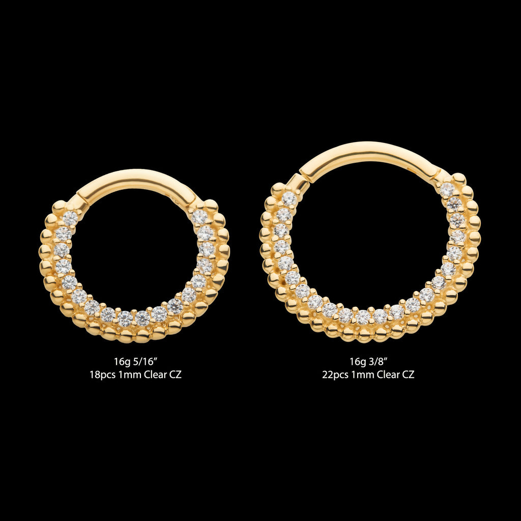 Prong Set Clear CZ Beaded Edge Front Facing Hinged Segment Clicker Hoop Earring / Nosering – 14Kt Yellow Gold