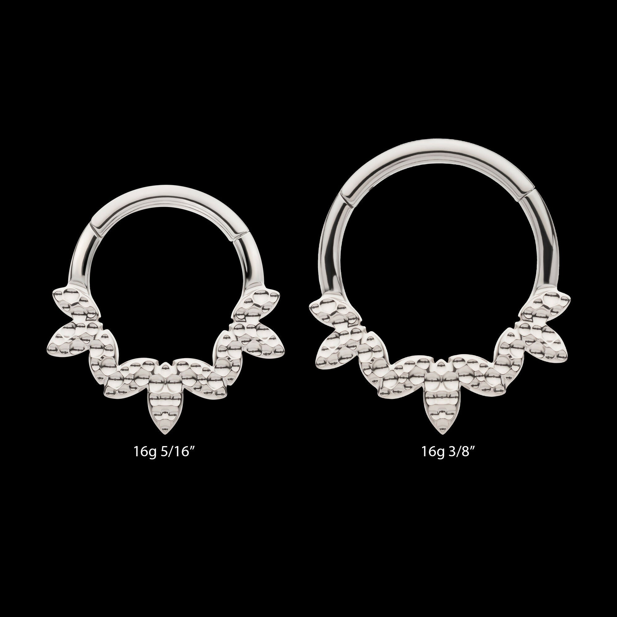 Clustered Hammered 3-Petal Flower Front Facing Hinged Segment Clicker Hoop Earring / Nosering – Titanium