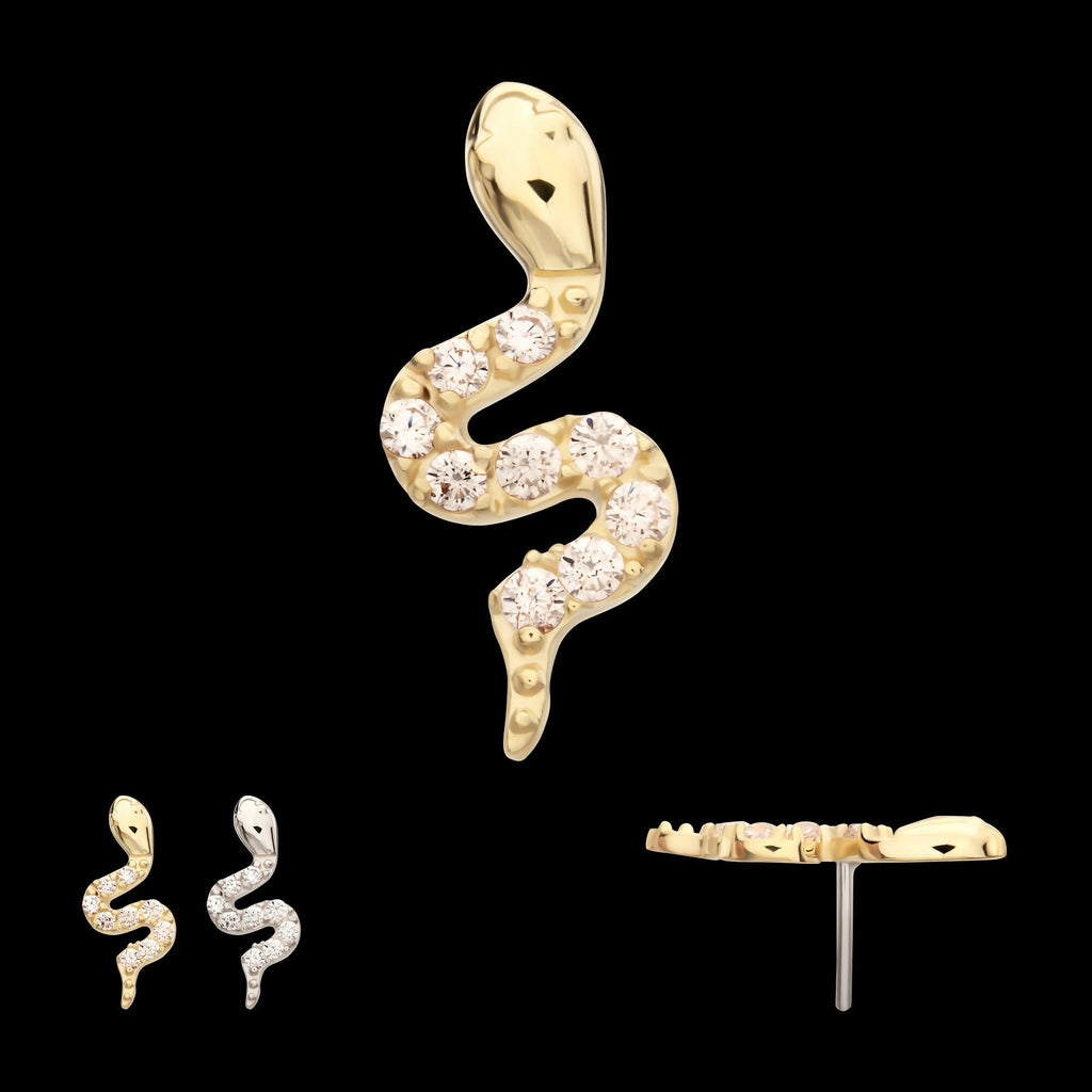 14Kt Gold Threadless Sculptural S-shaped Snake Top with 9 Pave Set Gem