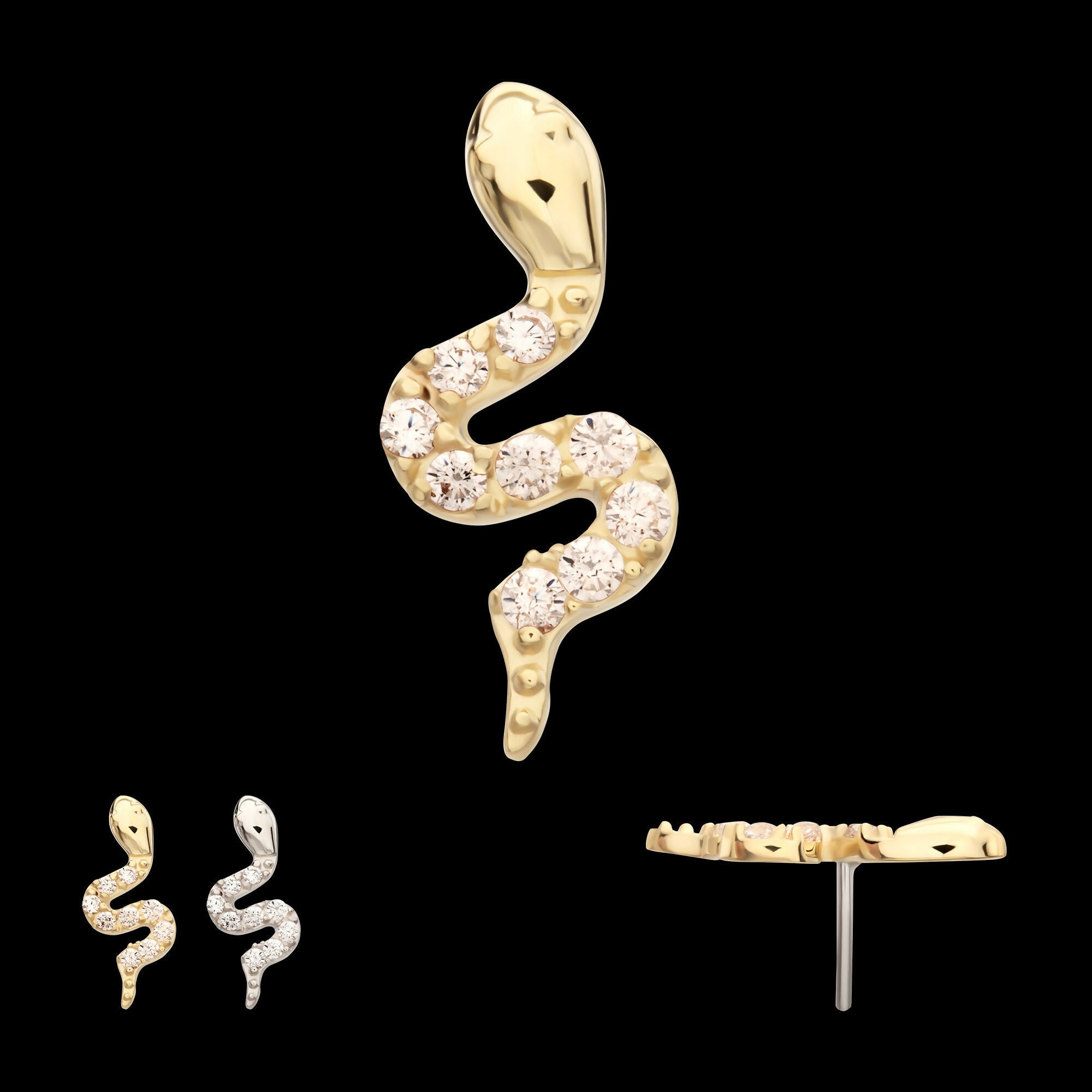 14Kt Gold Threadless Sculptural S-shaped Snake Top with 9 Pave Set Gem