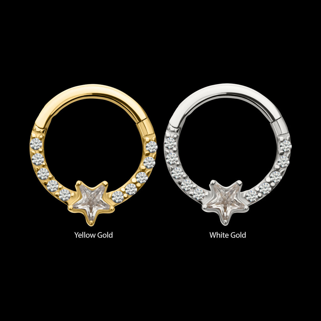 1mm CNC Set Gem Cluster with 3mm Star Gem Front Facing Hinged Segment Clicker Hoop Earring / Nosering – 14Kt Gold