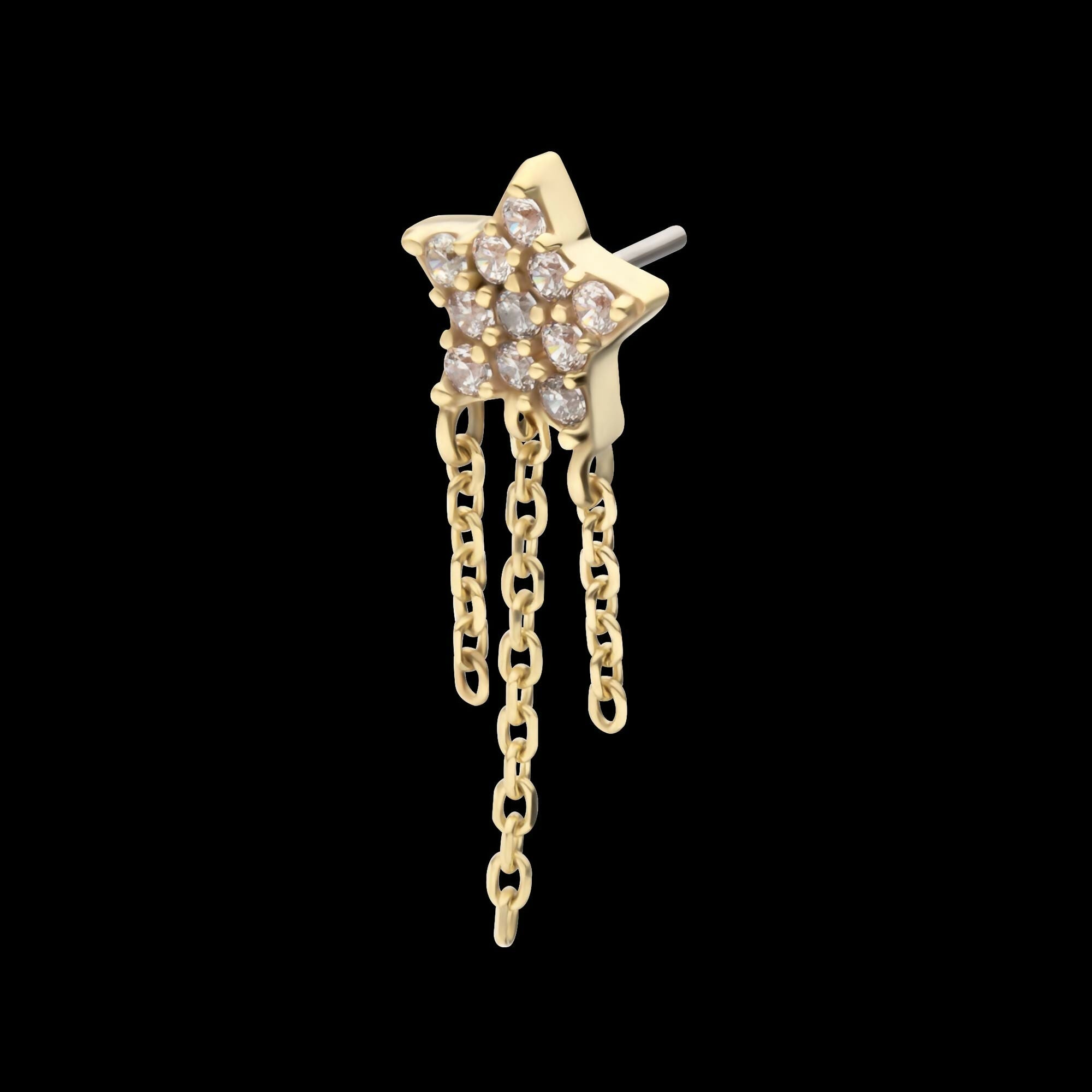 14Kt Yellow Gold Threadless Pave Gem Star Top with Triple Chain Dangle