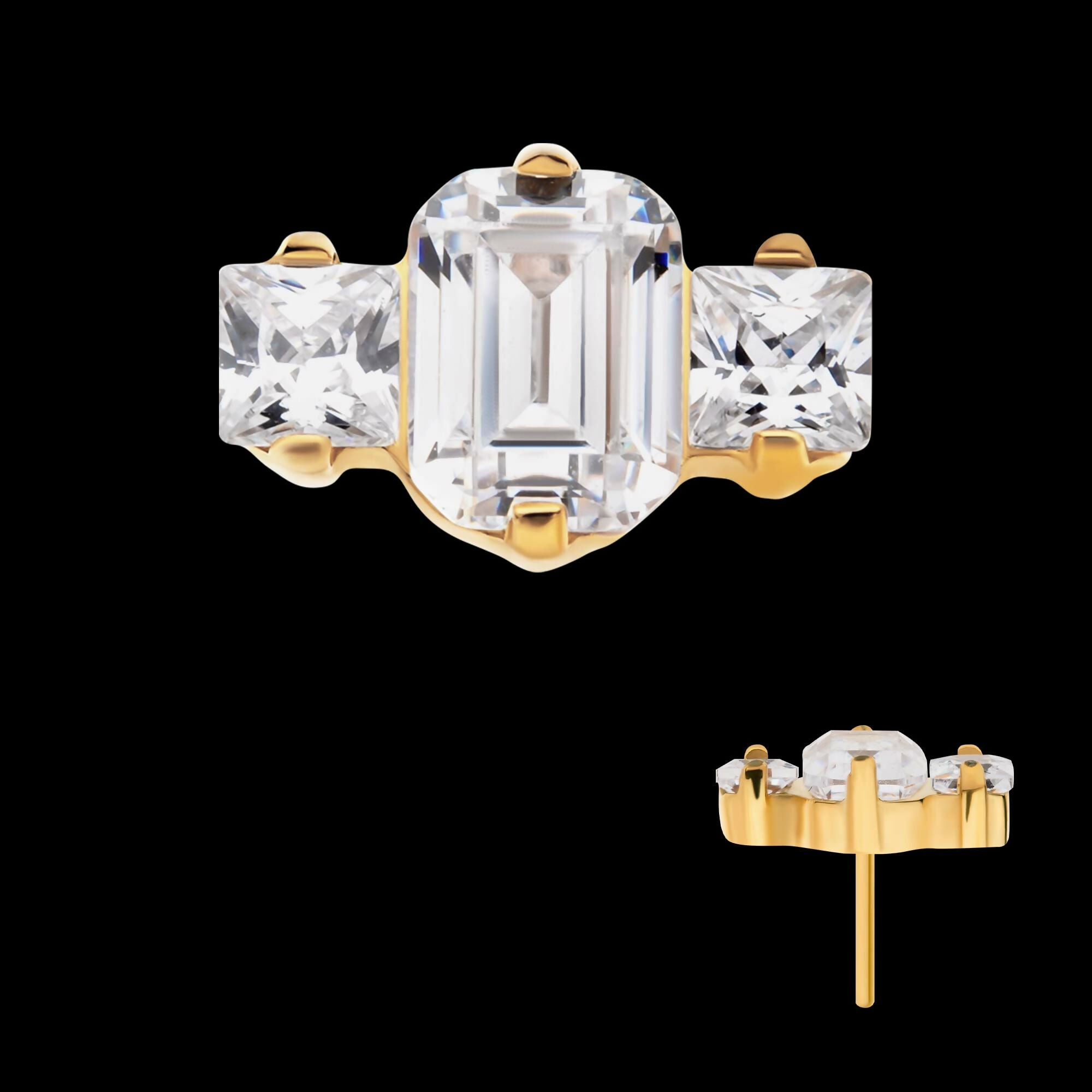 24Kt Gold PVD Titanium Threadless Prong Set Emerald Cut & Princess Gem 3-Cluster Top