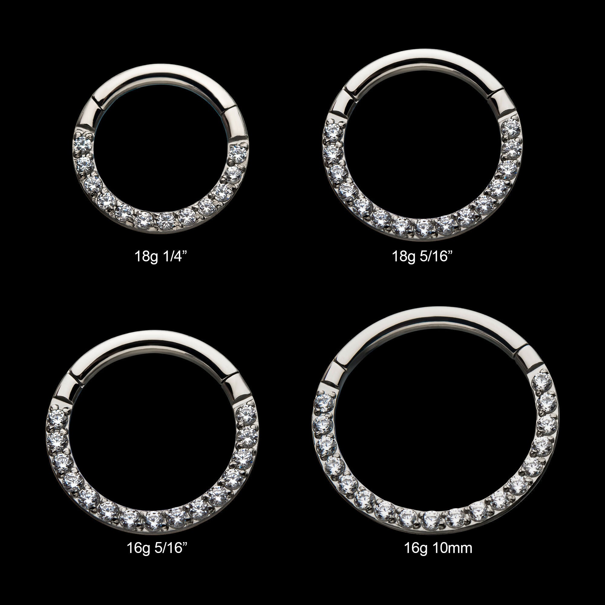 Front Full Clear Eternity Gem Hinged Segment Clicker Hoop Earring / Nosering – Titanium
