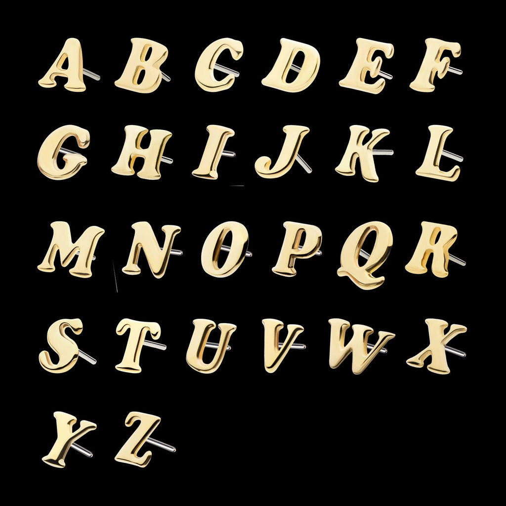 14Kt Yellow Gold Threadless Cooper Black Italic Letter Initial Tops