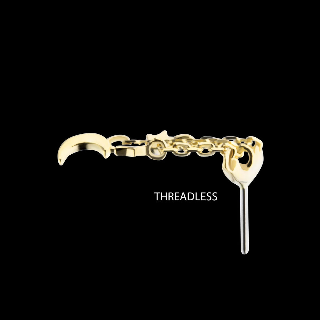14Kt Yellow Gold Threadless Hidden Helix Curved Bar Top with Crescent Moon and Stars Chain Dangle