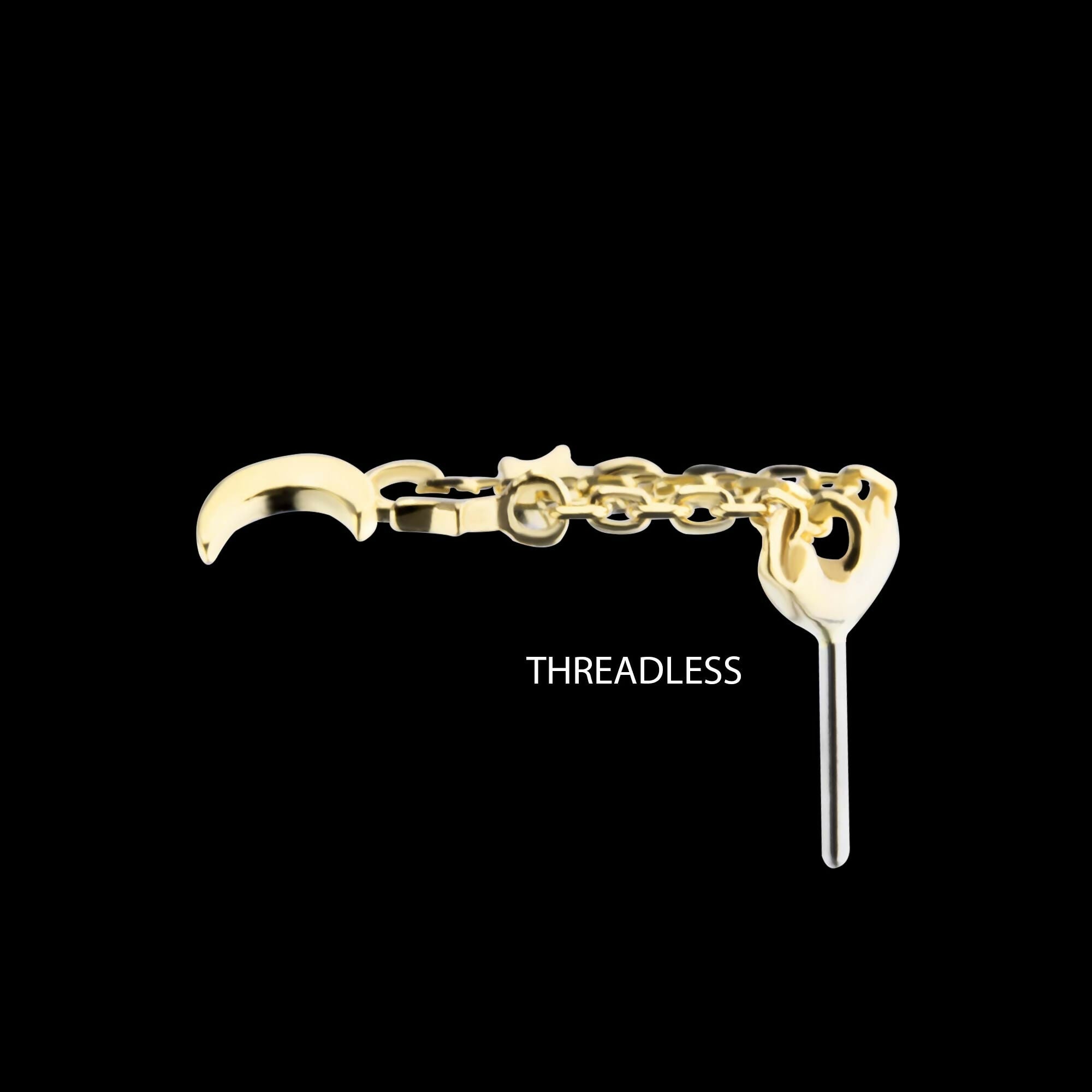 14Kt Yellow Gold Threadless Hidden Helix Curved Bar Top with Crescent Moon and Stars Chain Dangle
