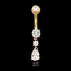 24Kt Gold PVD Titanium Internally Threaded Double Dangle Prong Set Round and Teadrop Gem Navel Earring / Nosering