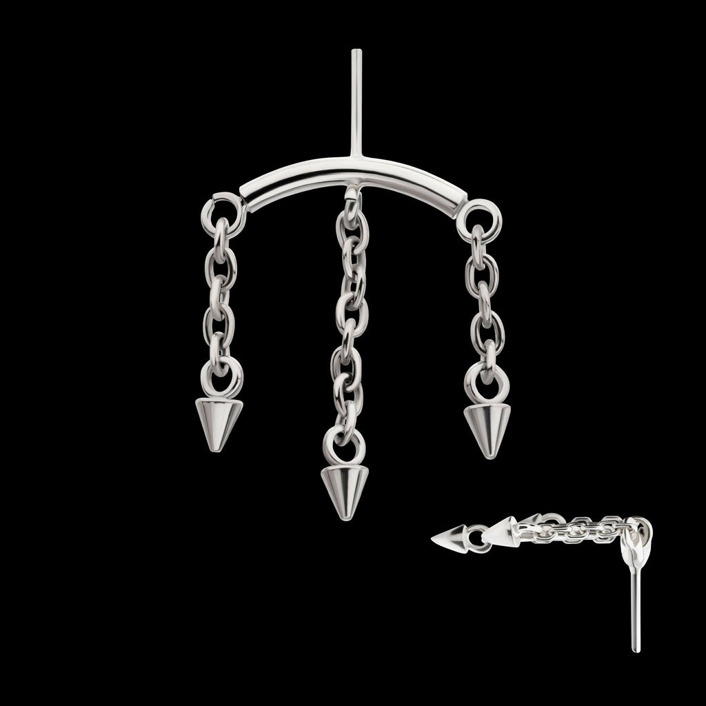 Titanium Threadless Hidden Helix Curved Bar Top with 3 Spiked Chain Dangle