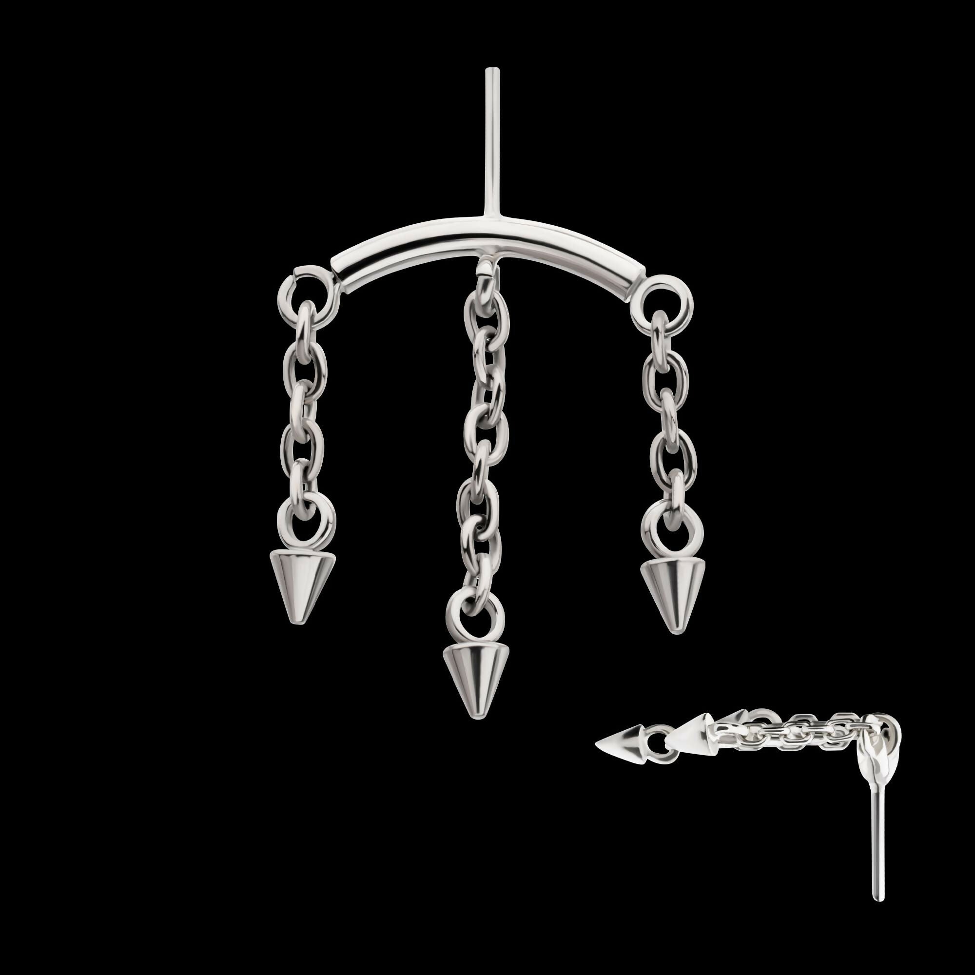 Titanium Threadless Hidden Helix Curved Bar Top with 3 Spiked Chain Dangle