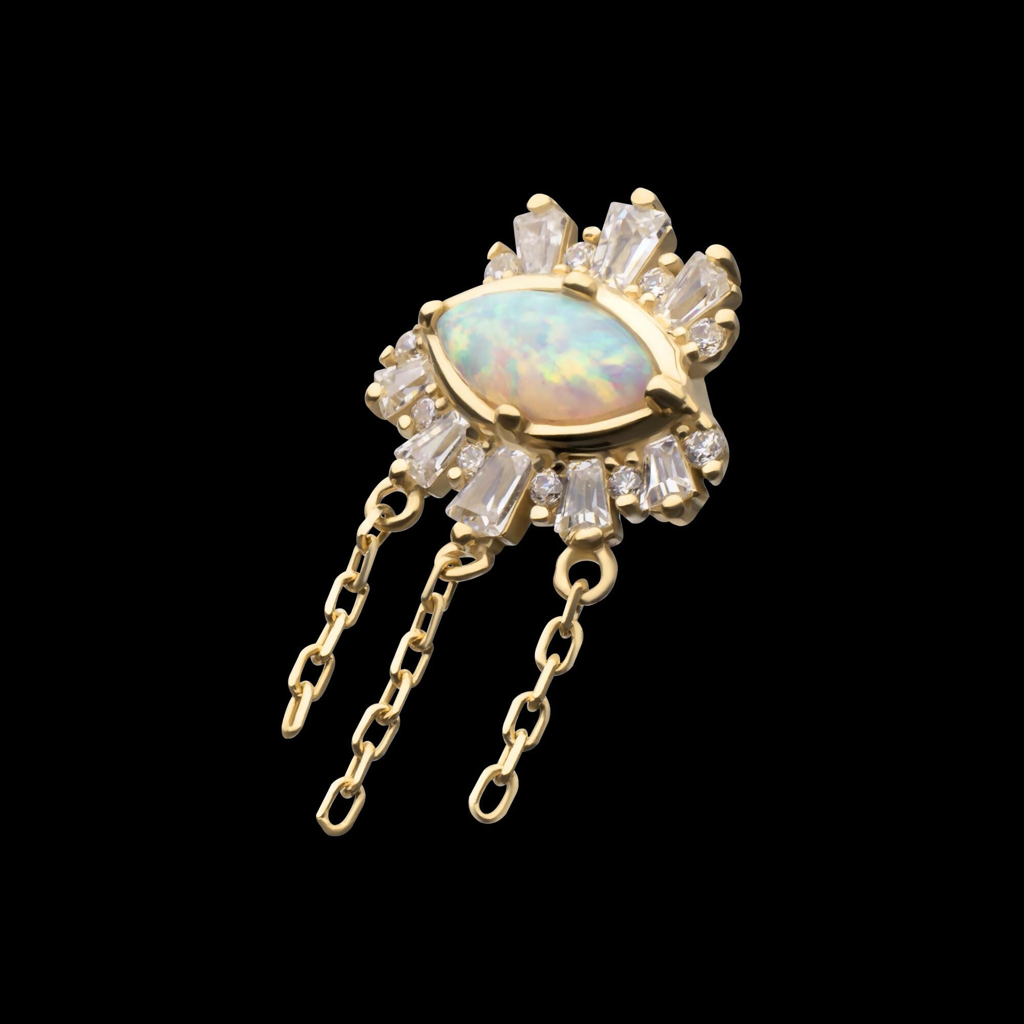 14Kt Yellow Gold Threadless Prong Set Baguette, Round Gem and Opal Evil Eye Top with Triple Dangle Chain