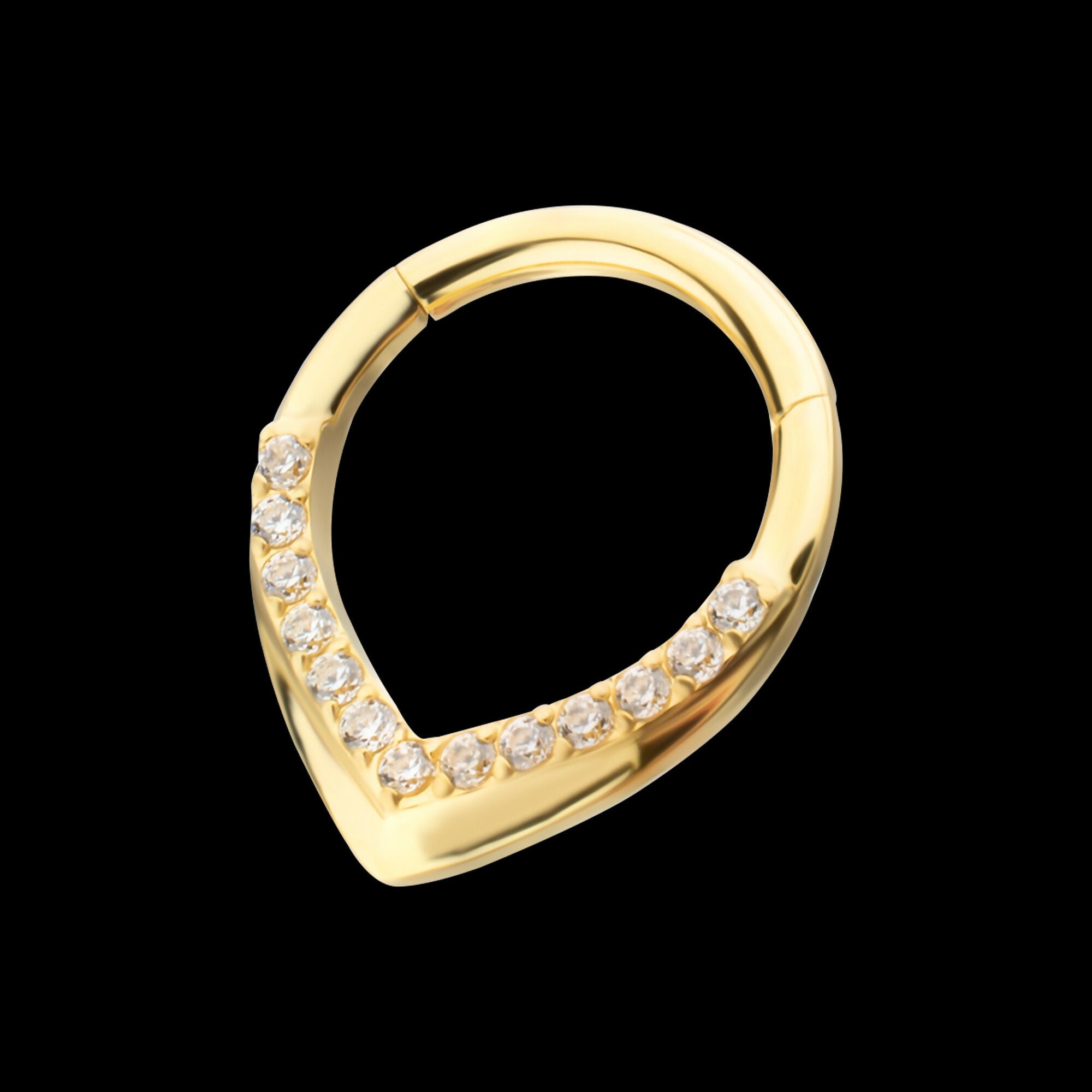 24Kt Gold PVD Titanium Pave Gem V-Shape Front Facing Hinged Segment Clicker Hoop Earring / Nosering