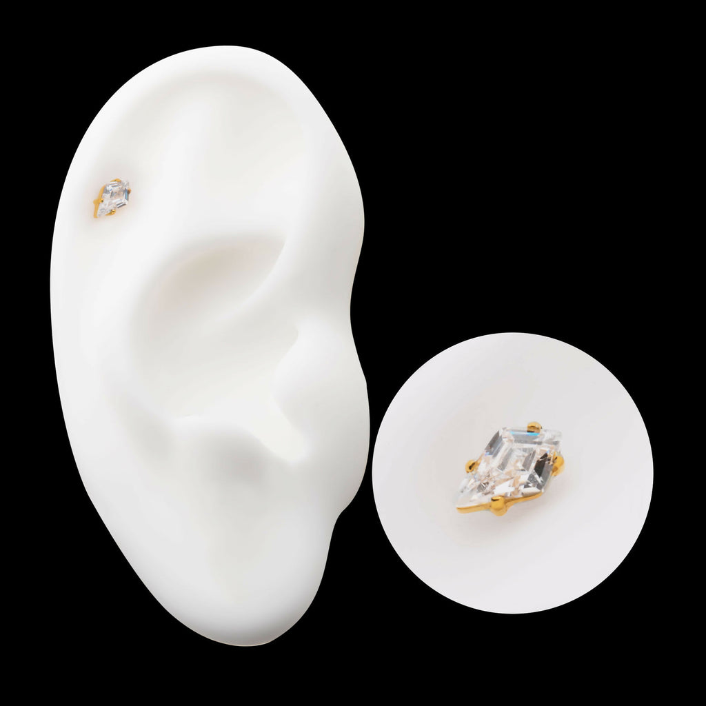 24Kt Gold PVD Titanium Threadless Prong Set Kite Shaped CZ Top