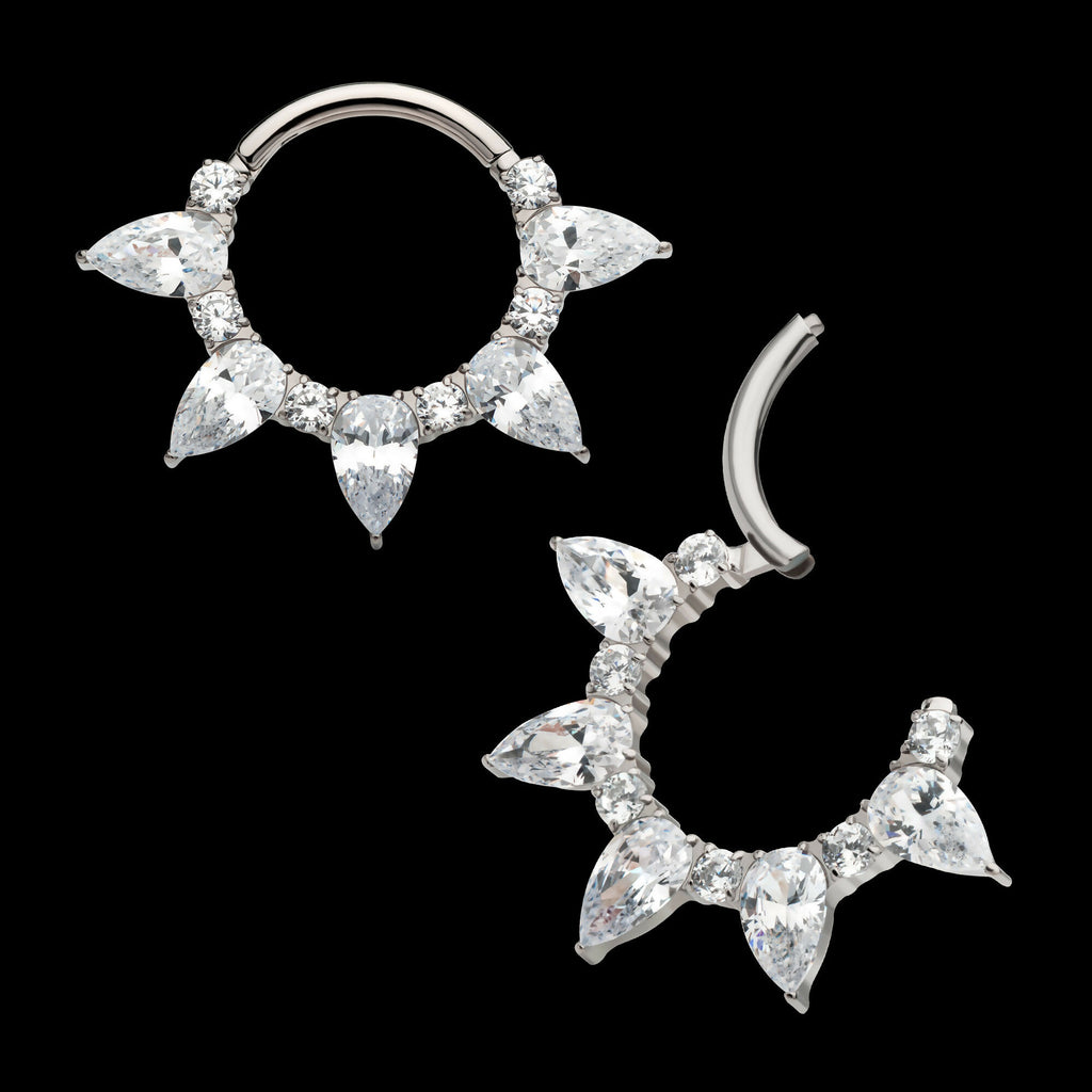 Clustered Prong Set Round & Teardrop CZ Front Facing Hinged Segment Clicker Hoop Earring / Nosering – Titanium