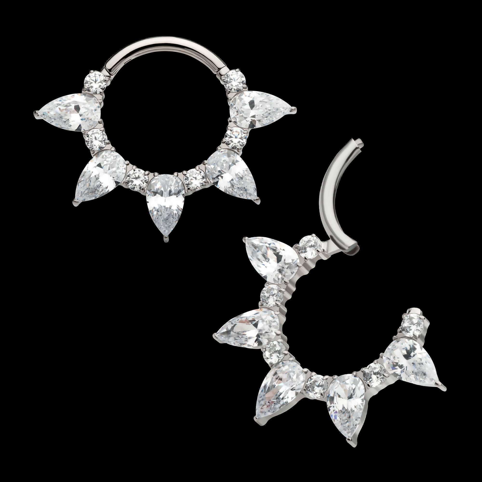 Clustered Prong Set Round & Teardrop CZ Front Facing Hinged Segment Clicker Hoop Earring / Nosering – Titanium
