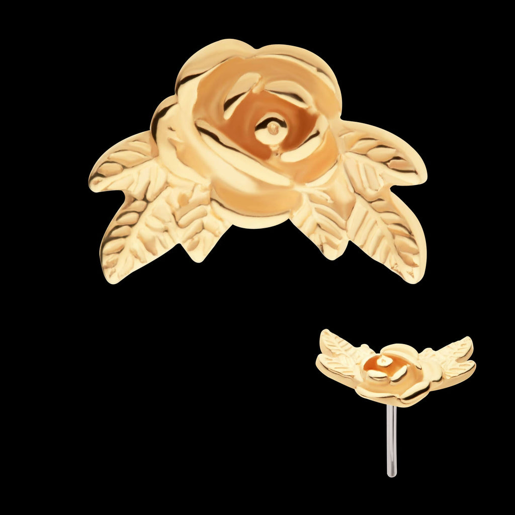 14Kt Yellow Gold Threadless Angled Rose with Leaves Top
