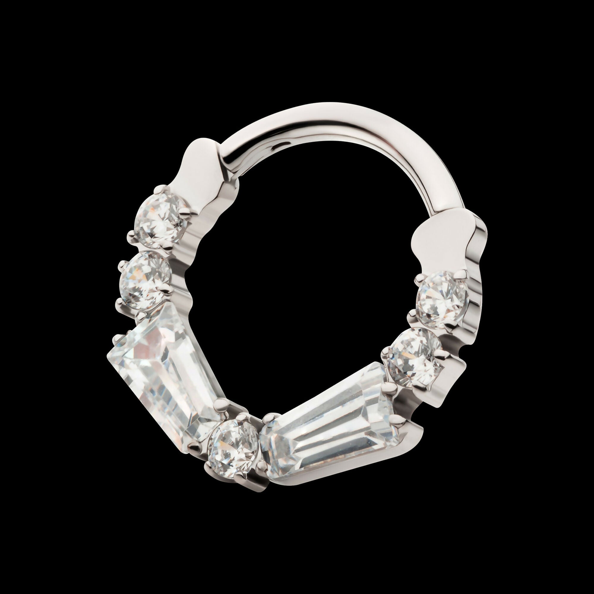 Clustered Prong Set Baguette & Round CZ Front Facing Hinged Segment Clicker Hoop Earring / Nosering – Titanium