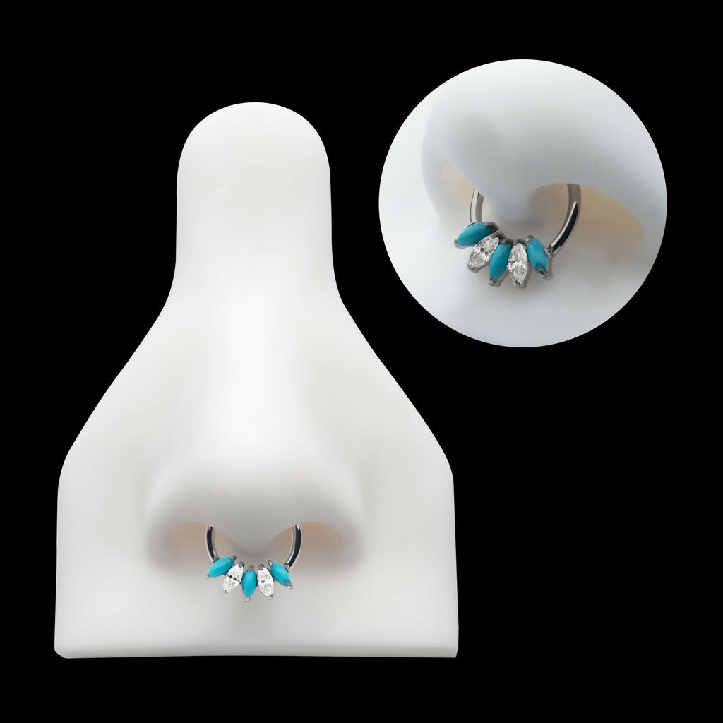 5-Cluster Marquise CZ/Stone Front Facing Hinged Segment Clicker Hoop Earring / Nosering – Titanium