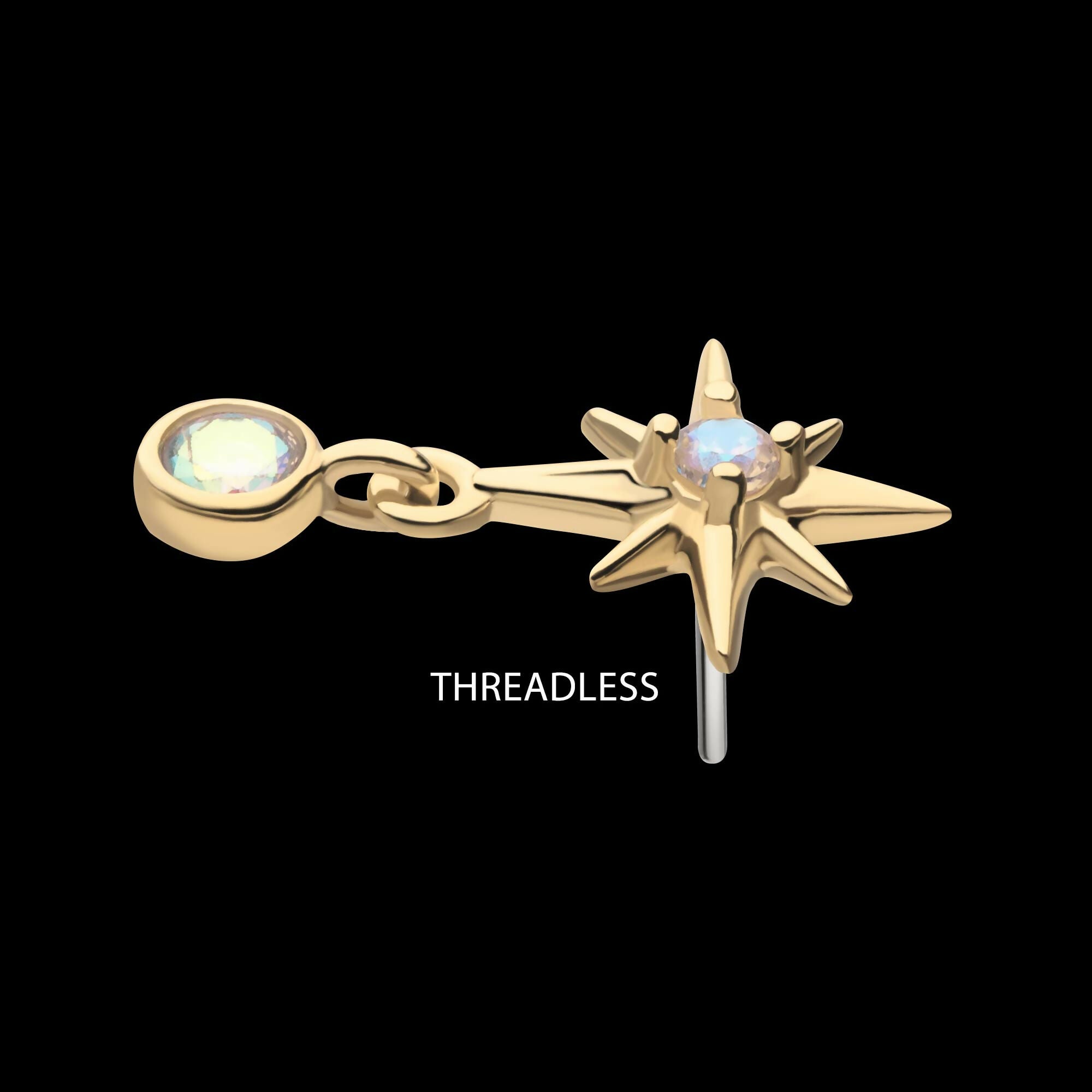 14Kt Yellow Gold Threadless Prong Set Gem North Star Top with Bezel Round Dangle