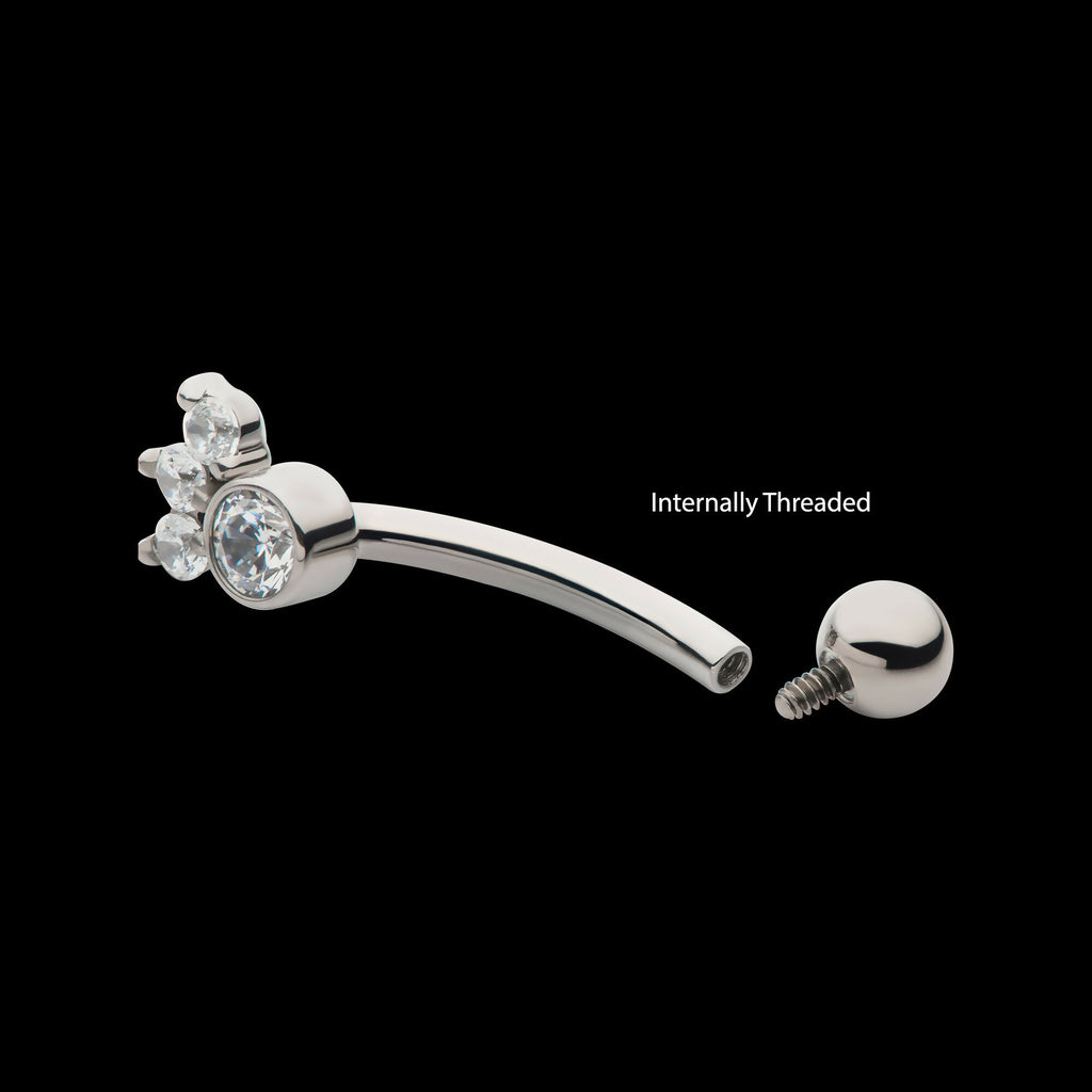 Internally Threaded with 4 Clear AAA CZ Fixed Top Curved Barbell Earring / Nosering – Titanium
