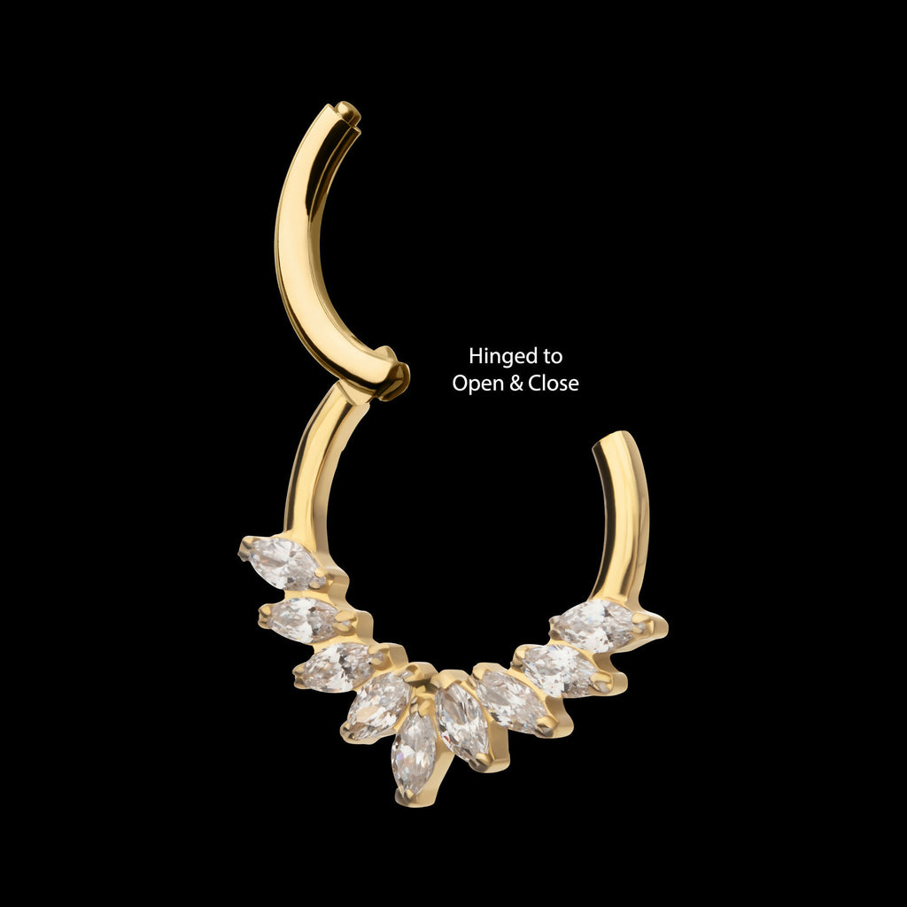 24Kt Gold PVD Titanium 9 Gem Marquise Cluster Front Facing Hinged Segment Clicker Hoop Earring / Nosering