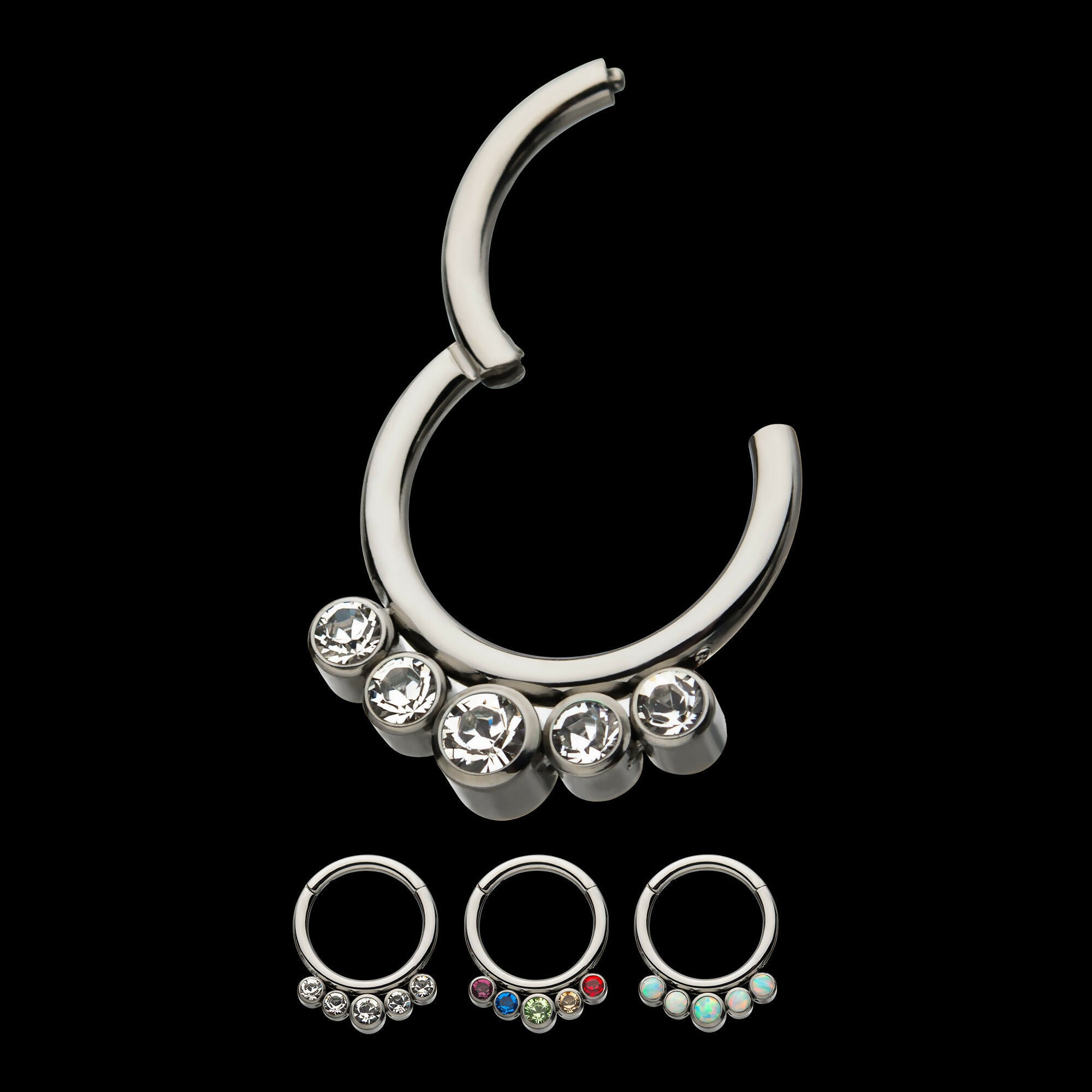 5 Cluster Petite Bezel Set Swarovski Crystal/Opal Front Facing Hinged Segment Clicker Hoop Earring / Nosering – Titanium