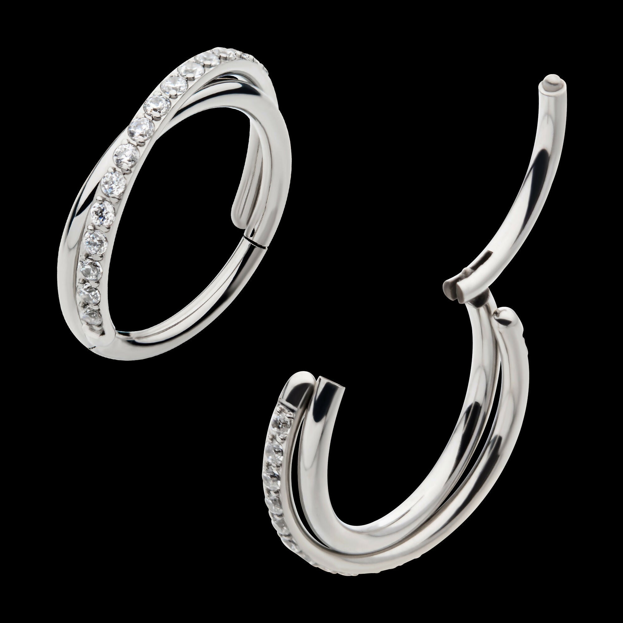 Crisscross with CZ Side Facing Hinged Segment Clicker Hoop Earring / Nosering – Titanium