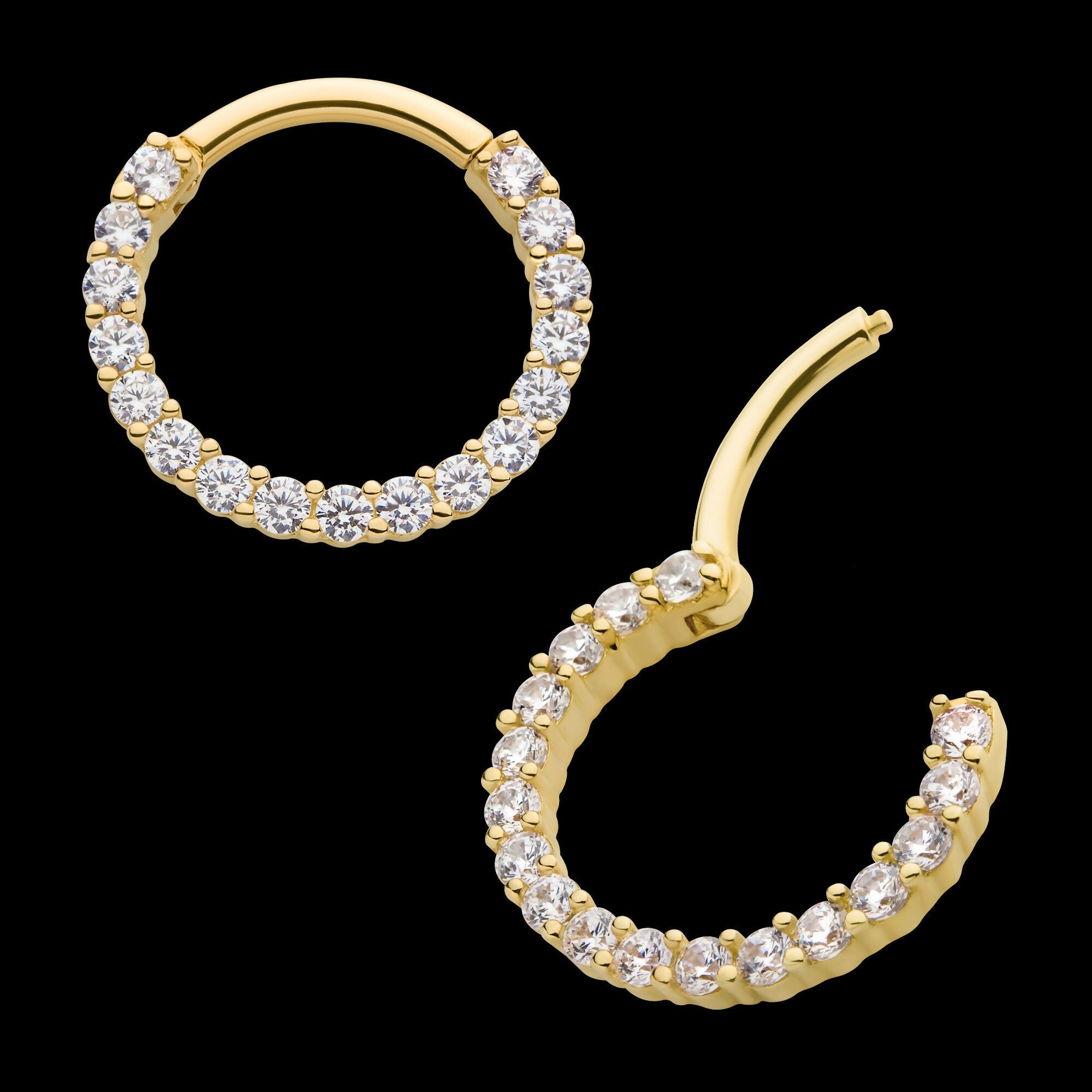 Prong Set Full Clear CZ Front Facing Hinged Segment Clicker Hoop Earring / Nosering – 14Kt Yellow Gold