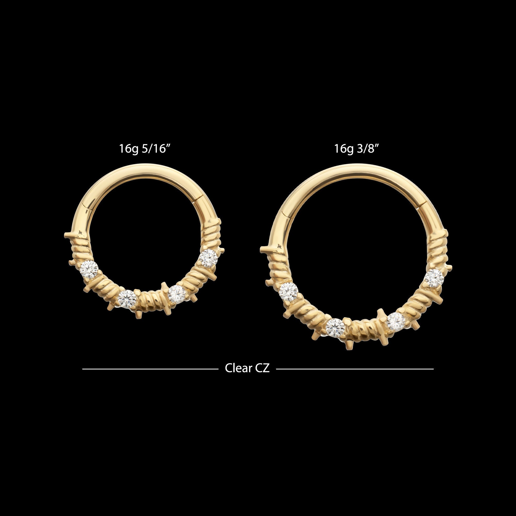 Barbed Wire Wrap with Prong Set Gem Front Facing Hinged Segment Clicker Hoop Earring / Nosering – 14Kt Yellow Gold