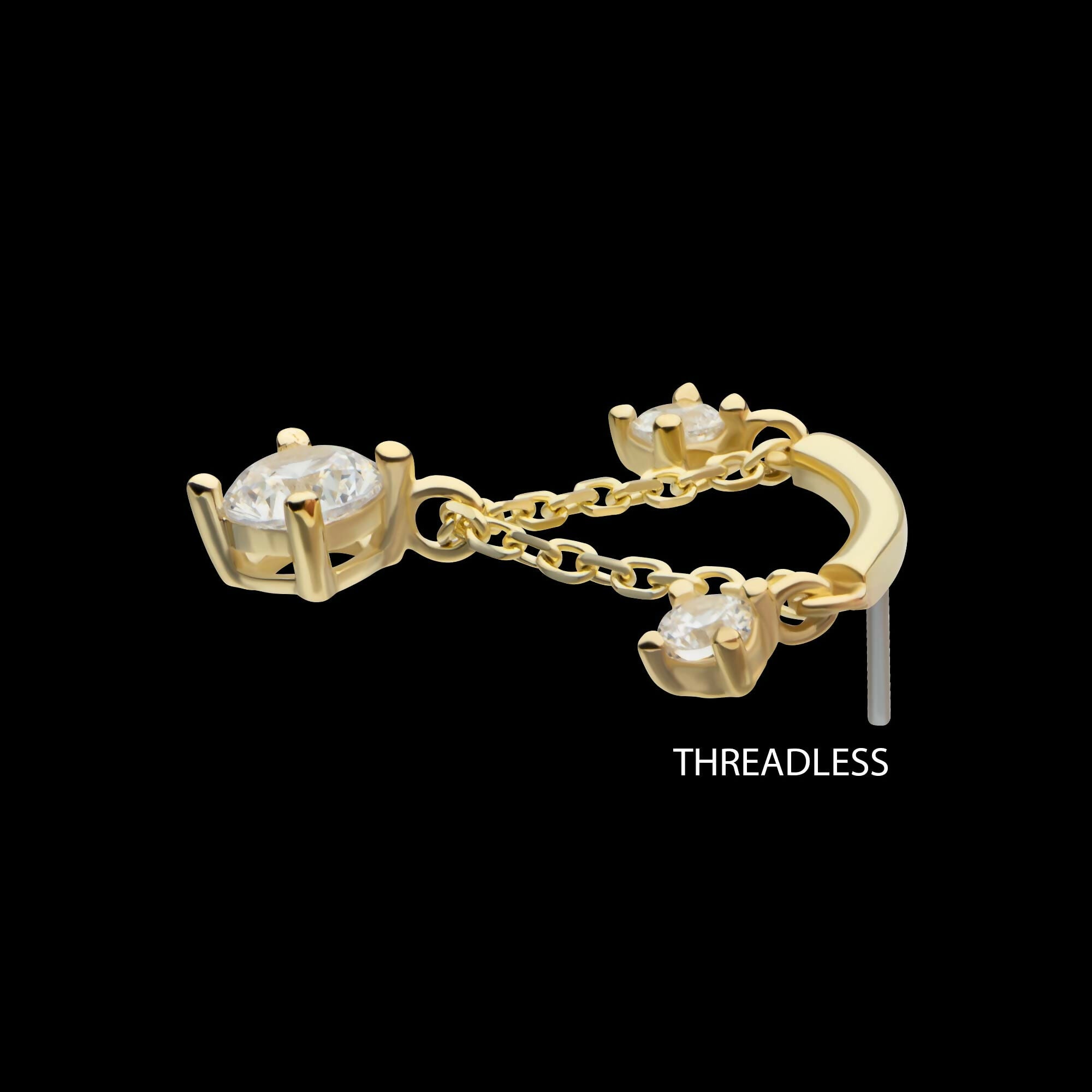 14Kt Gold Threadless Curve Bar Top with Prong Set Gem & Chain Dangle