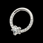 1mm CNC Set Full Clear CZ & Big Star CZ Front Facing Hinged Segment Clicker Hoop Earring / Nosering – Titanium