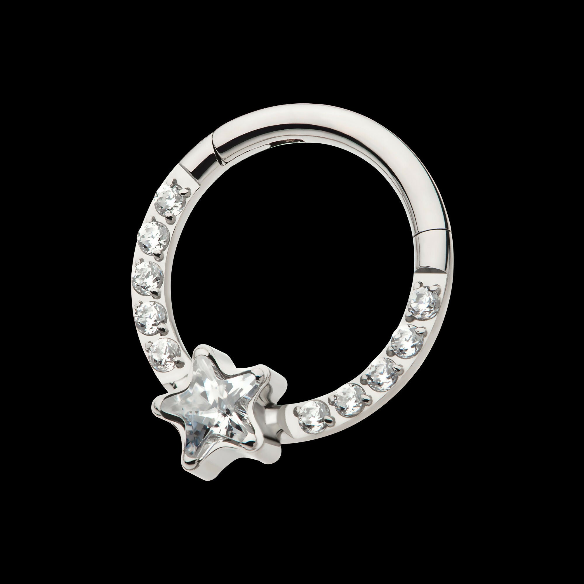1mm CNC Set Full Clear CZ & Big Star CZ Front Facing Hinged Segment Clicker Hoop Earring / Nosering – Titanium
