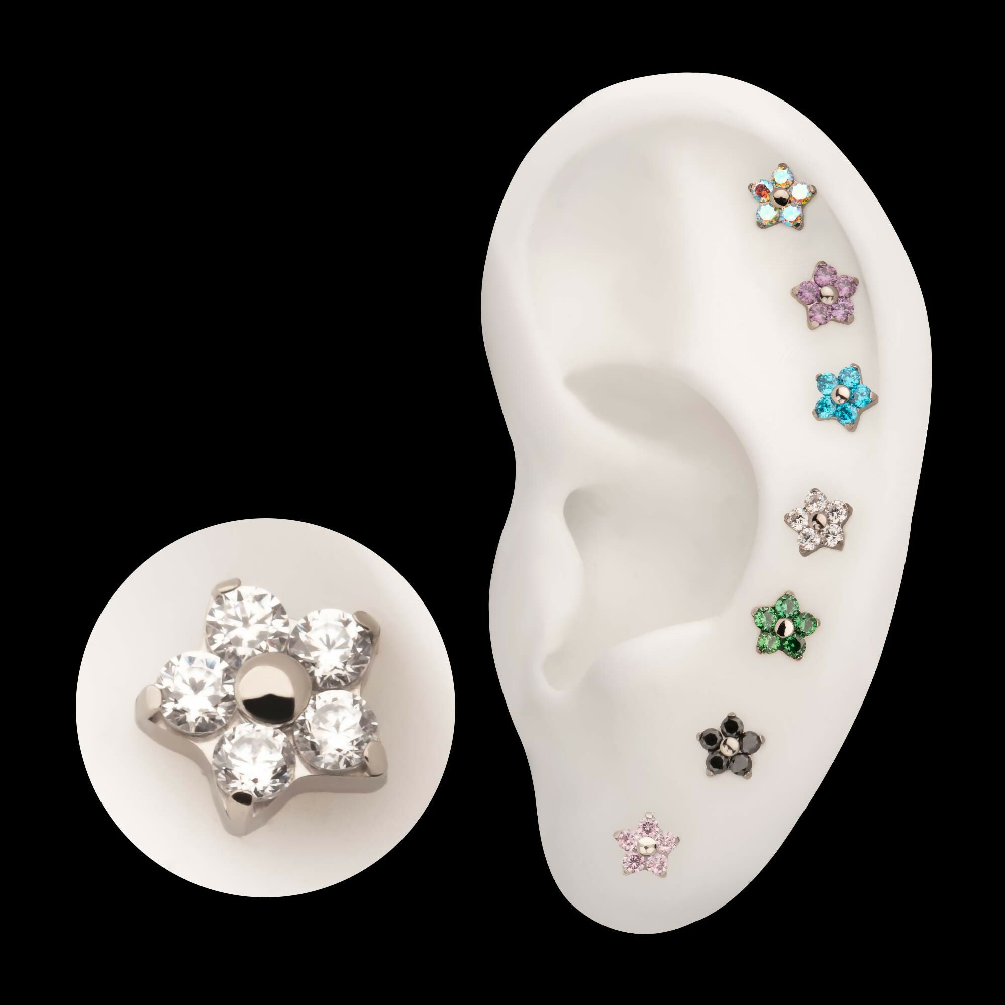 Titanium Threadless Prong Set Gem 5-Petal Flower Top