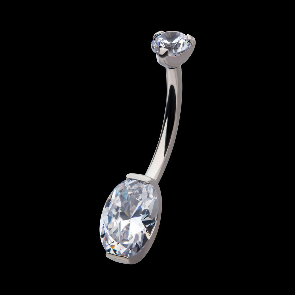 Internally Threaded Double Gem with Prong Set Oval Fixed Bottom Navel Earring / Nosering – Titanium