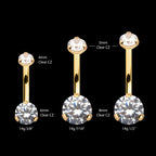 24KT Gold PVD Titanium Internally Threaded Double Prong Set Clear CZ Fixed Bottom Navel Earring / Nosering