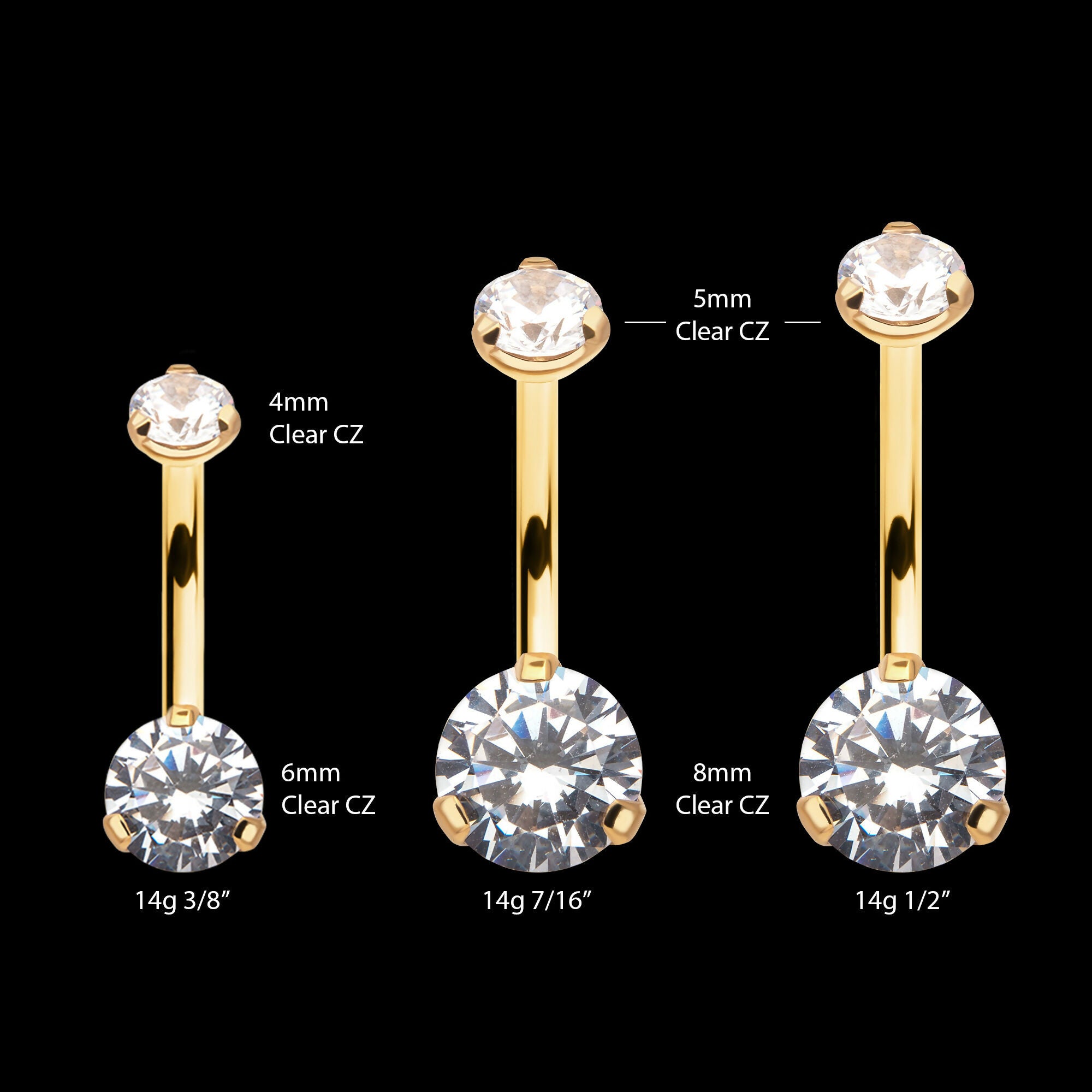 24KT Gold PVD Titanium Internally Threaded Double Prong Set Clear CZ Fixed Bottom Navel Earring / Nosering