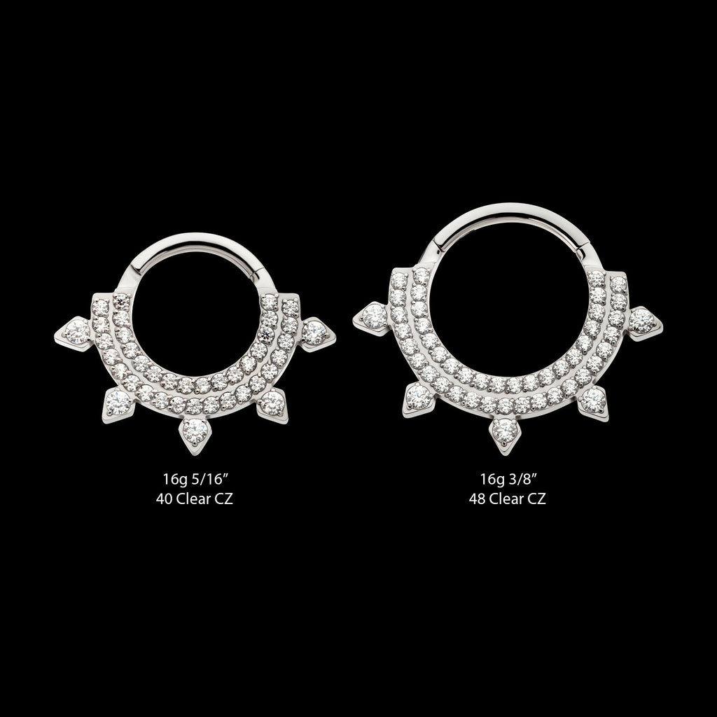 Double Row CNC Set Round CZ with 5 Round CZ Spike Edge Front Facing Hinged Segment Clicker Hoop Earring / Nosering – Titanium