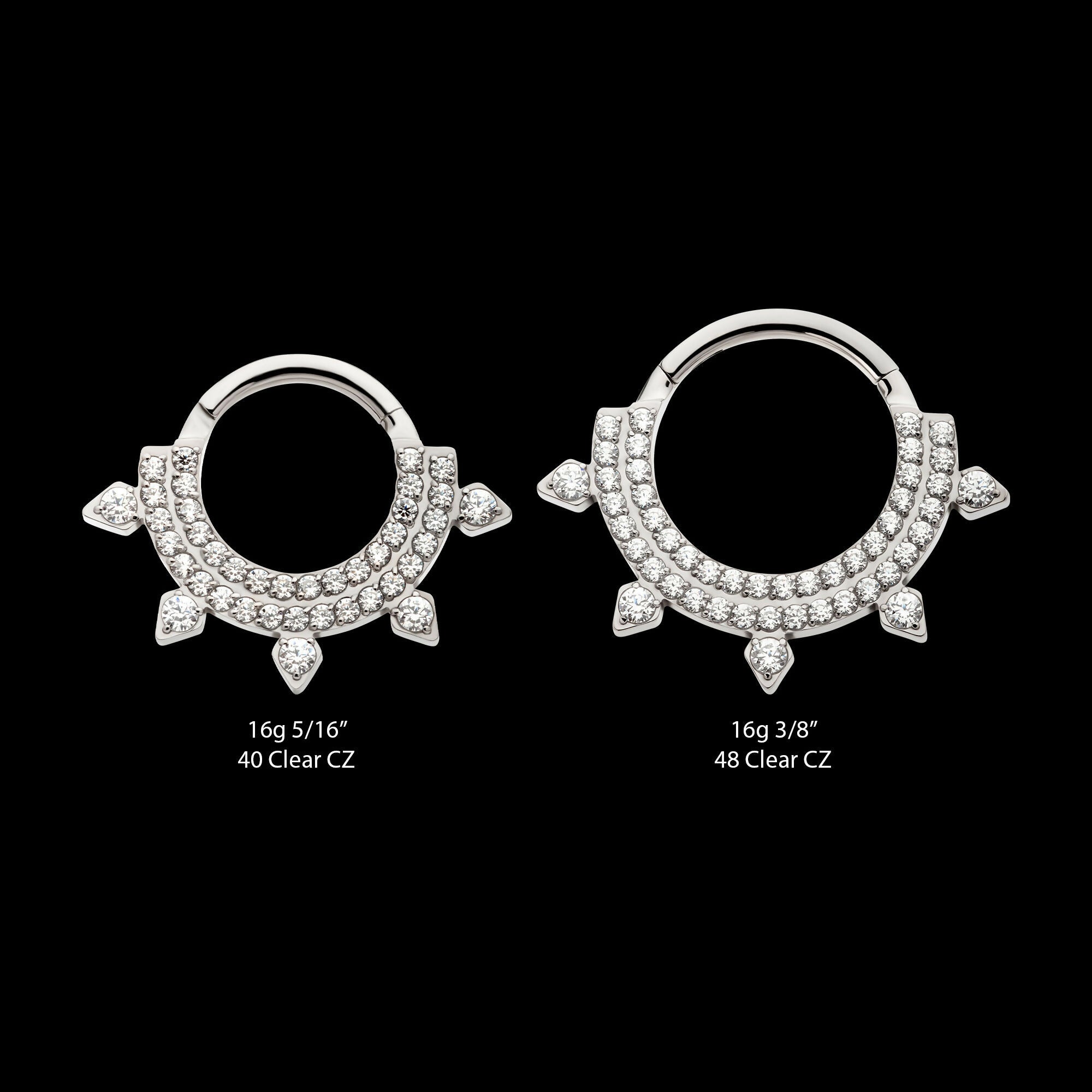 Double Row CNC Set Round CZ with 5 Round CZ Spike Edge Front Facing Hinged Segment Clicker Hoop Earring / Nosering – Titanium