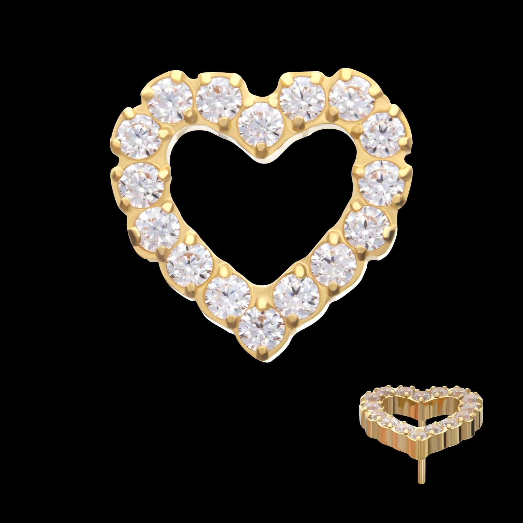 24Kt Gold PVD Titanium Threadless Pave Set Gem Hollow Heart Top