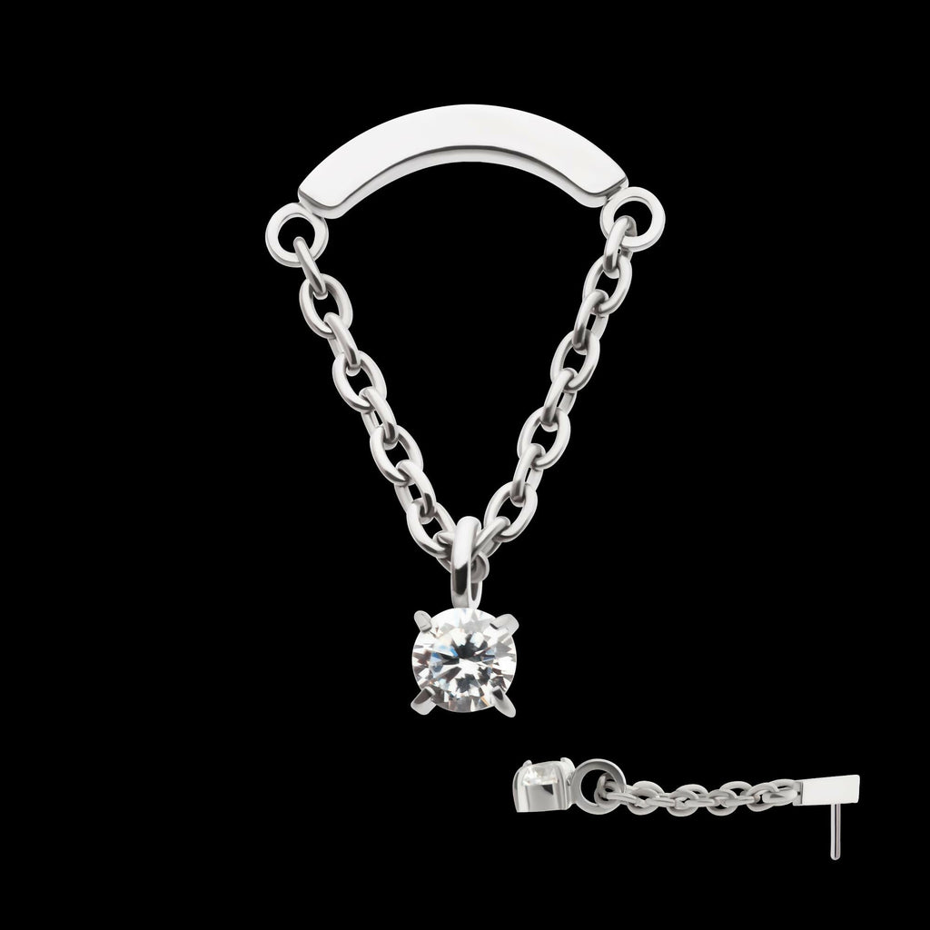 Titanium Threadless Curved Bar Top with Dangle Chain & Prong Set Round AAA CZ