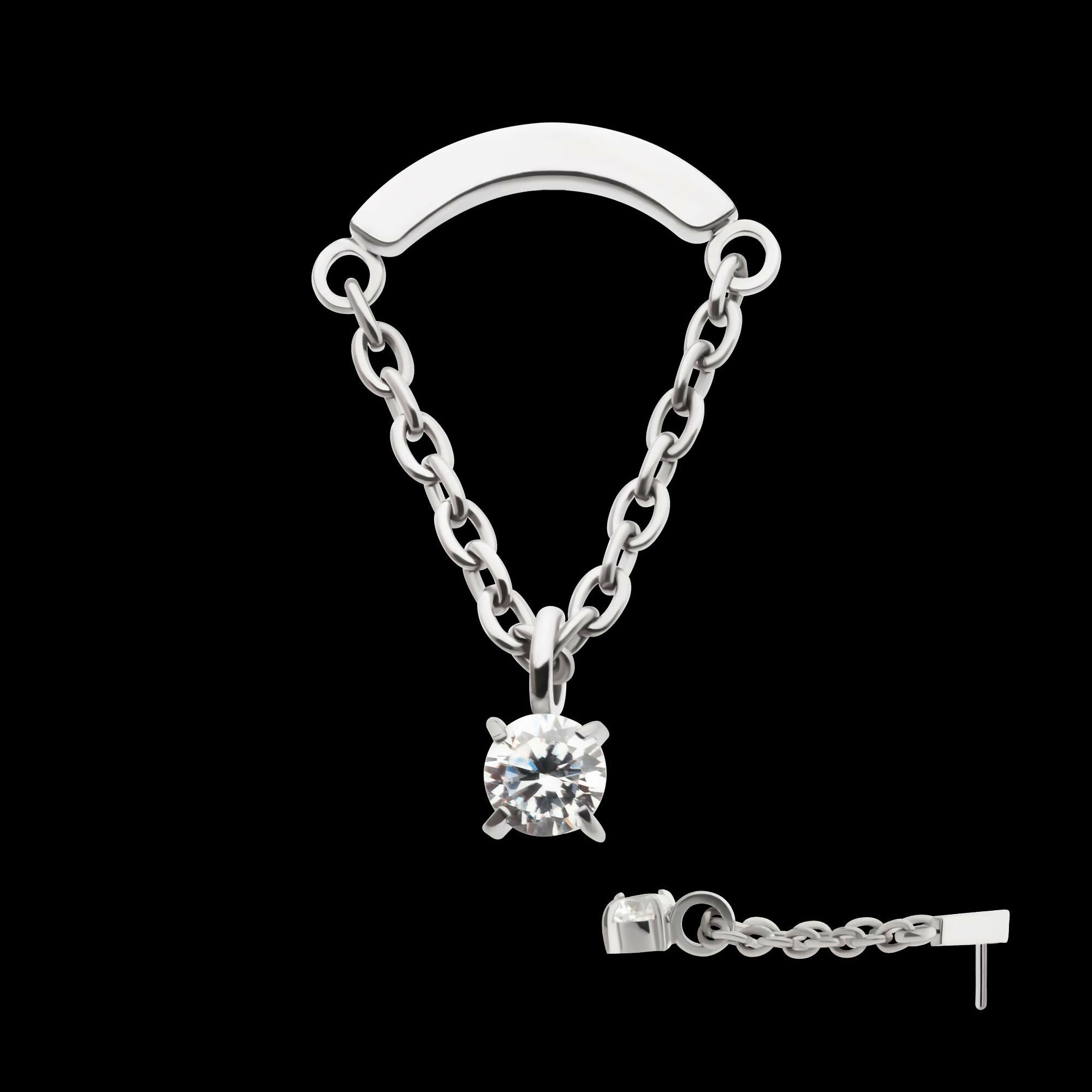 Titanium Threadless Curved Bar Top with Dangle Chain & Prong Set Round AAA CZ