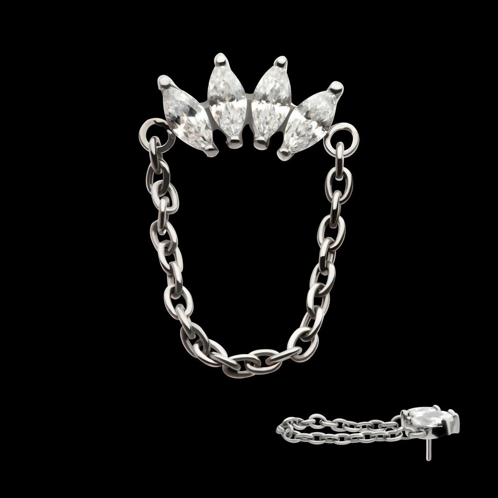 Titanium Threadless 4-Cluster Marquise AAA CZ Top with Dangle Chain
