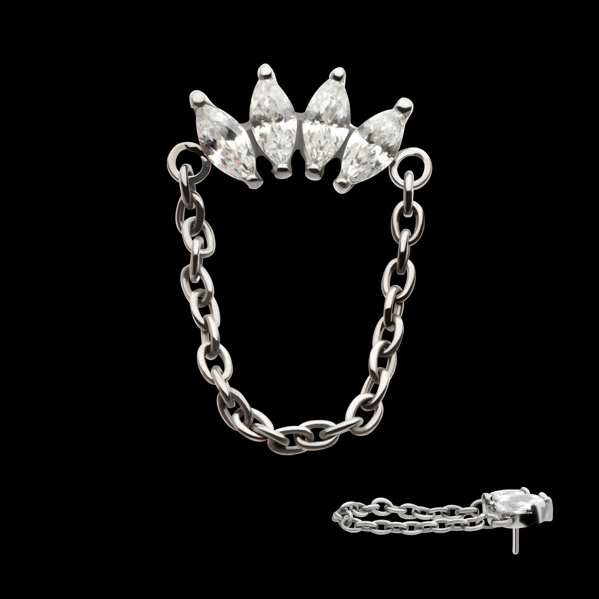 Titanium Threadless 4-Cluster Marquise AAA CZ Top with Dangle Chain