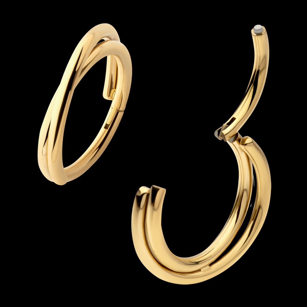 24Kt Gold PVD Titanium Double Hoop Side Facing Hinged Segment Clicker Earring / Nosering