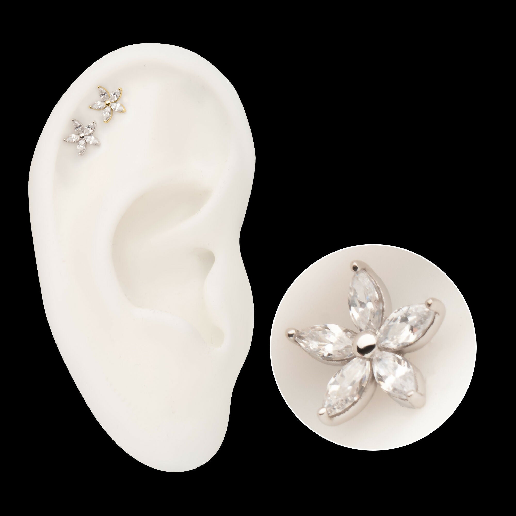 14Kt Gold Threadless Flower Top with 5 Petal Marquise Prong Set Gem