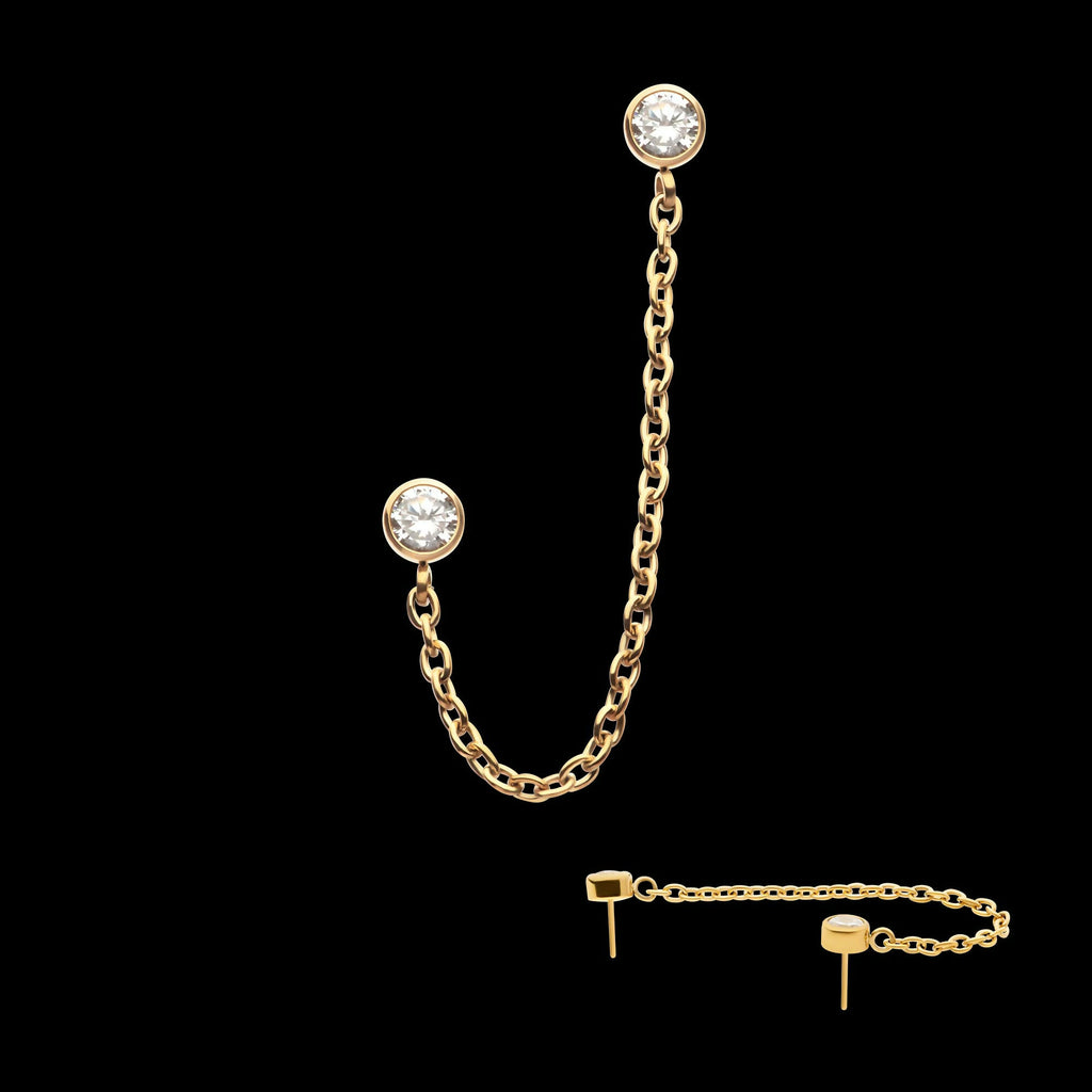 24Kt Gold PVD Titanium Threadless Duo Bezel Round CZ with Rolo Chain Dangle Tops